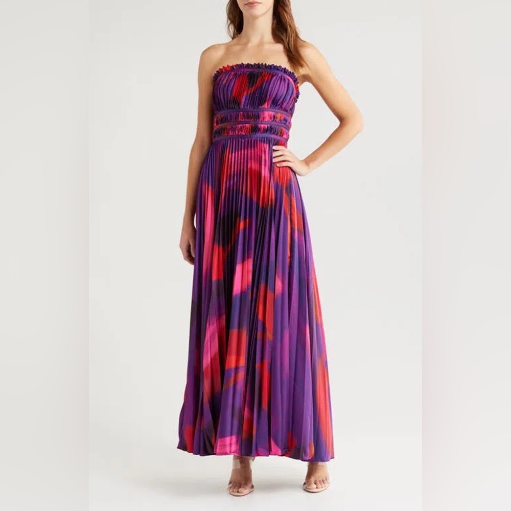 Hutch Sabina Floral Tiered‎ Plissé Gown purple brushstroke
